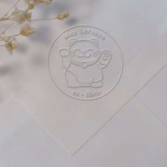 Sello en seco ex libris gato de la suerte